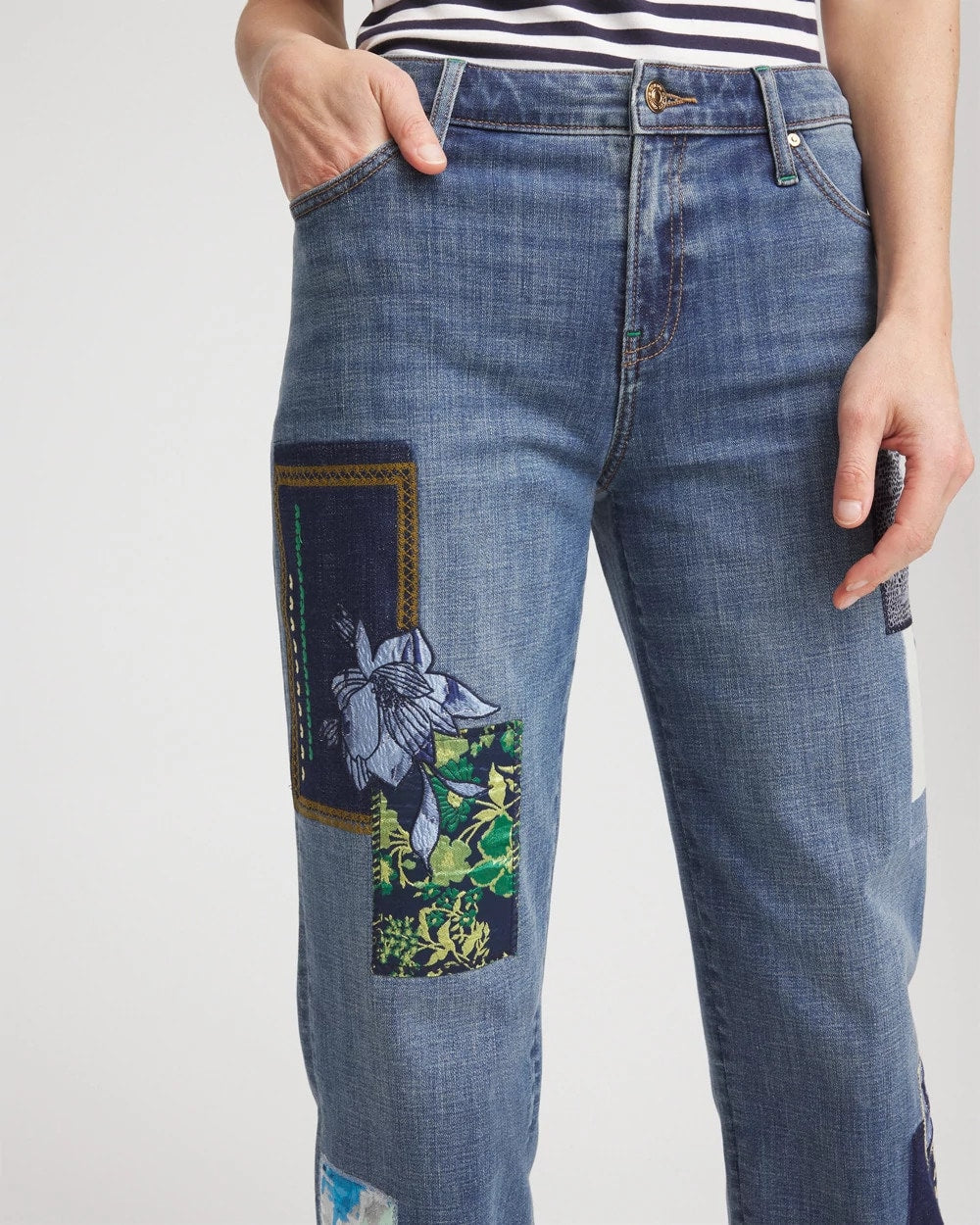 Whimsical Indigo Boyfriend Patchwork Cropped Jeans