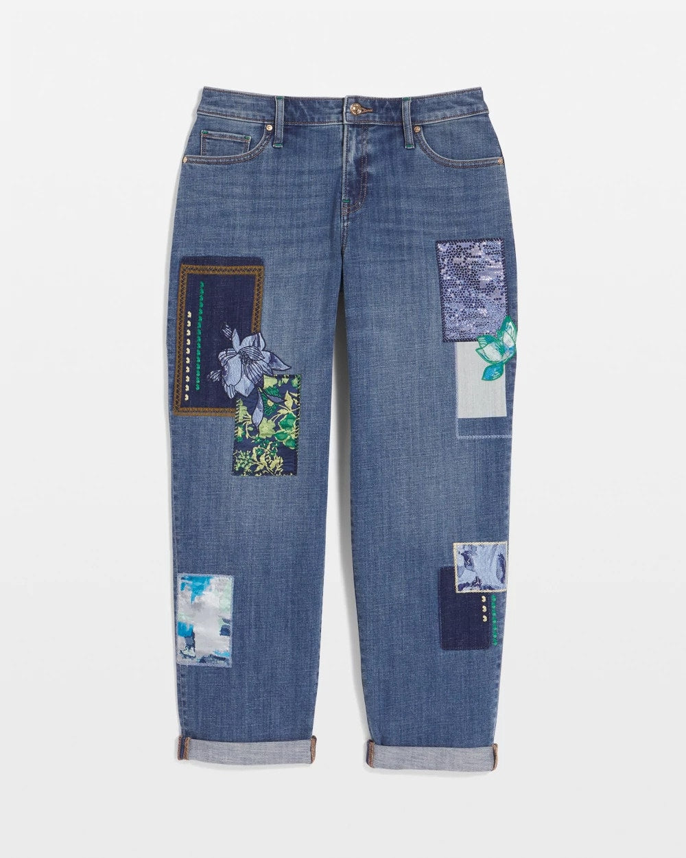 Whimsical Indigo Boyfriend Patchwork Cropped Jeans
