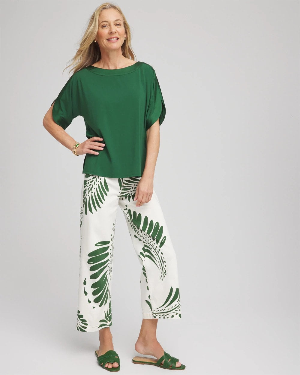 Ecru Palm-Frond-Motif Pull-On Wide-Leg Cropped Jeans