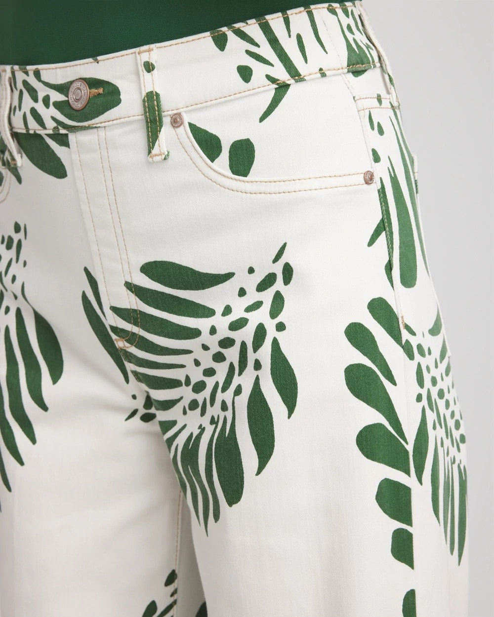 Ecru Palm-Frond-Motif Pull-On Wide-Leg Cropped Jeans