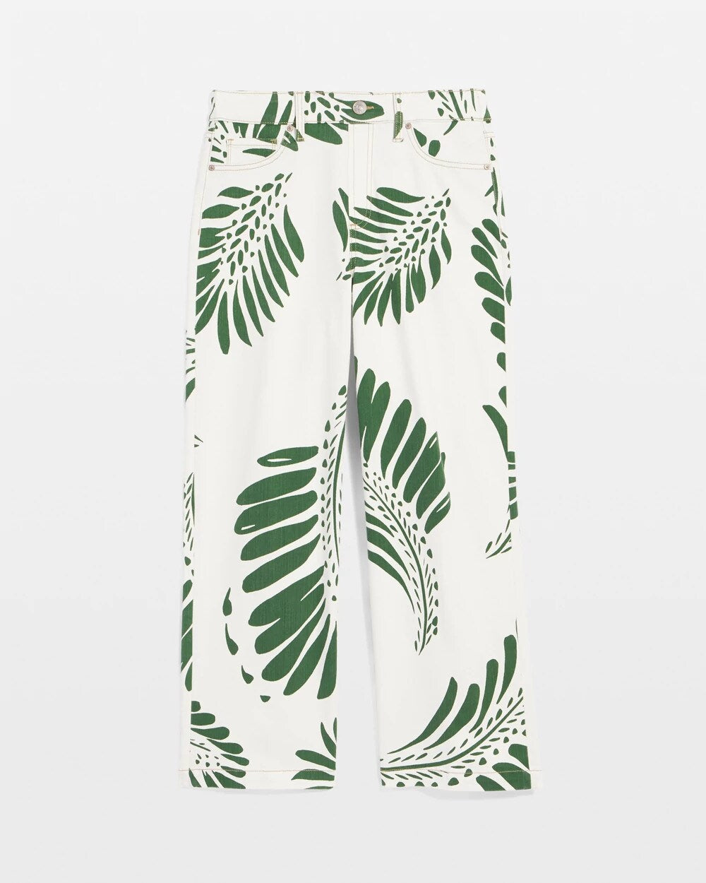 Ecru Palm-Frond-Motif Pull-On Wide-Leg Cropped Jeans