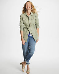 Seagrass Green Elongated Belted Denim Jacket