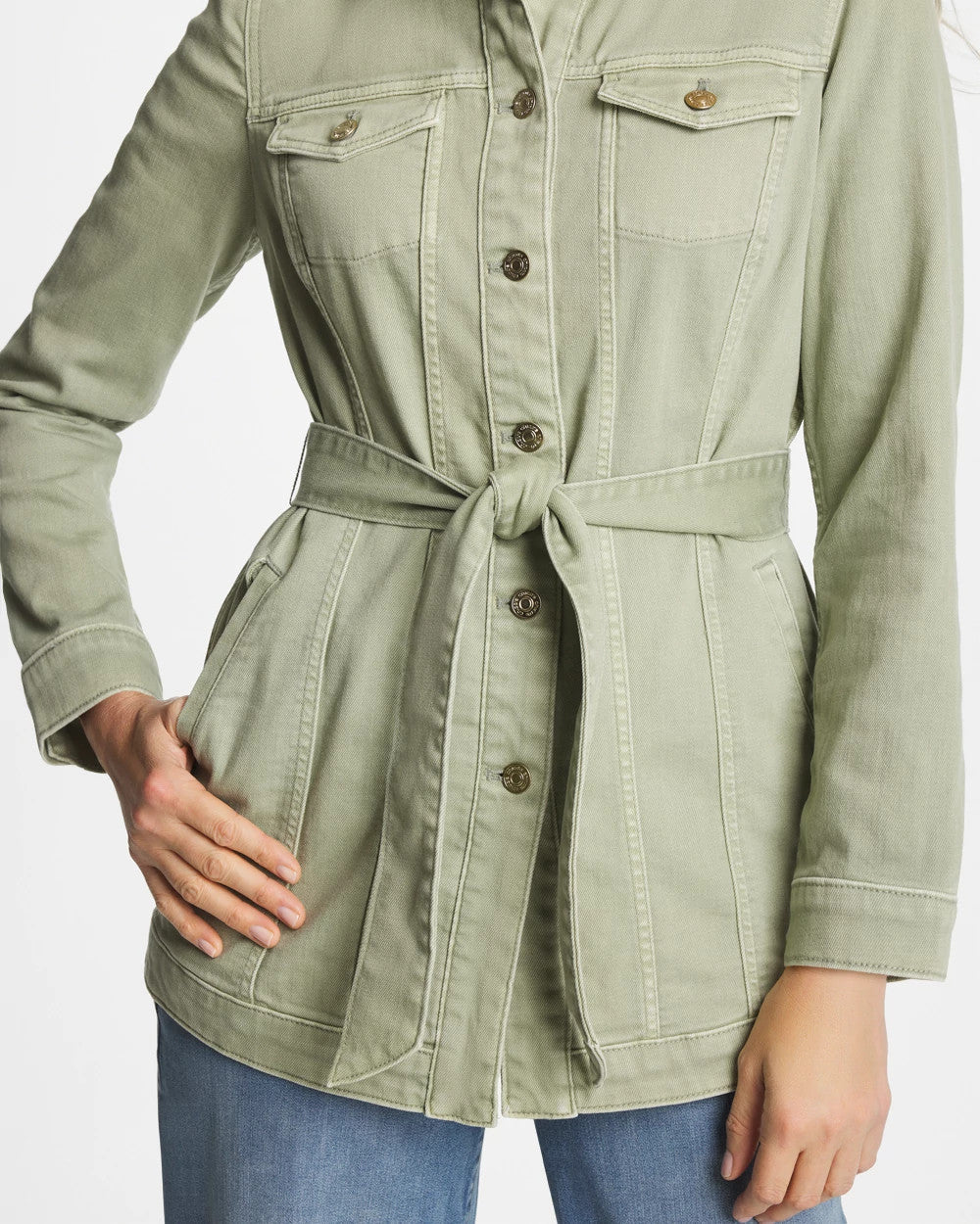 Seagrass Green Elongated Belted Denim Jacket