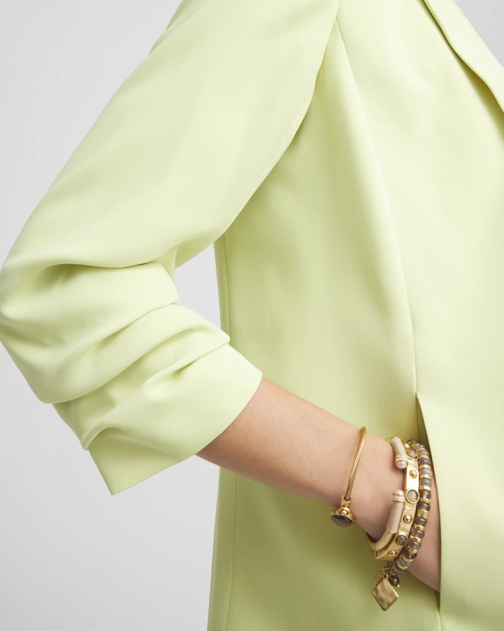 Frozen Lime Notched-Lapel Ruched Sleeve Blazer