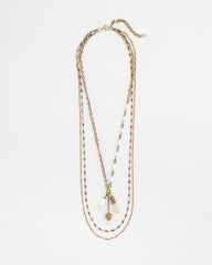 White/Gold Convertible Multi-Strand Jade & Faux Pearl Charm Necklace