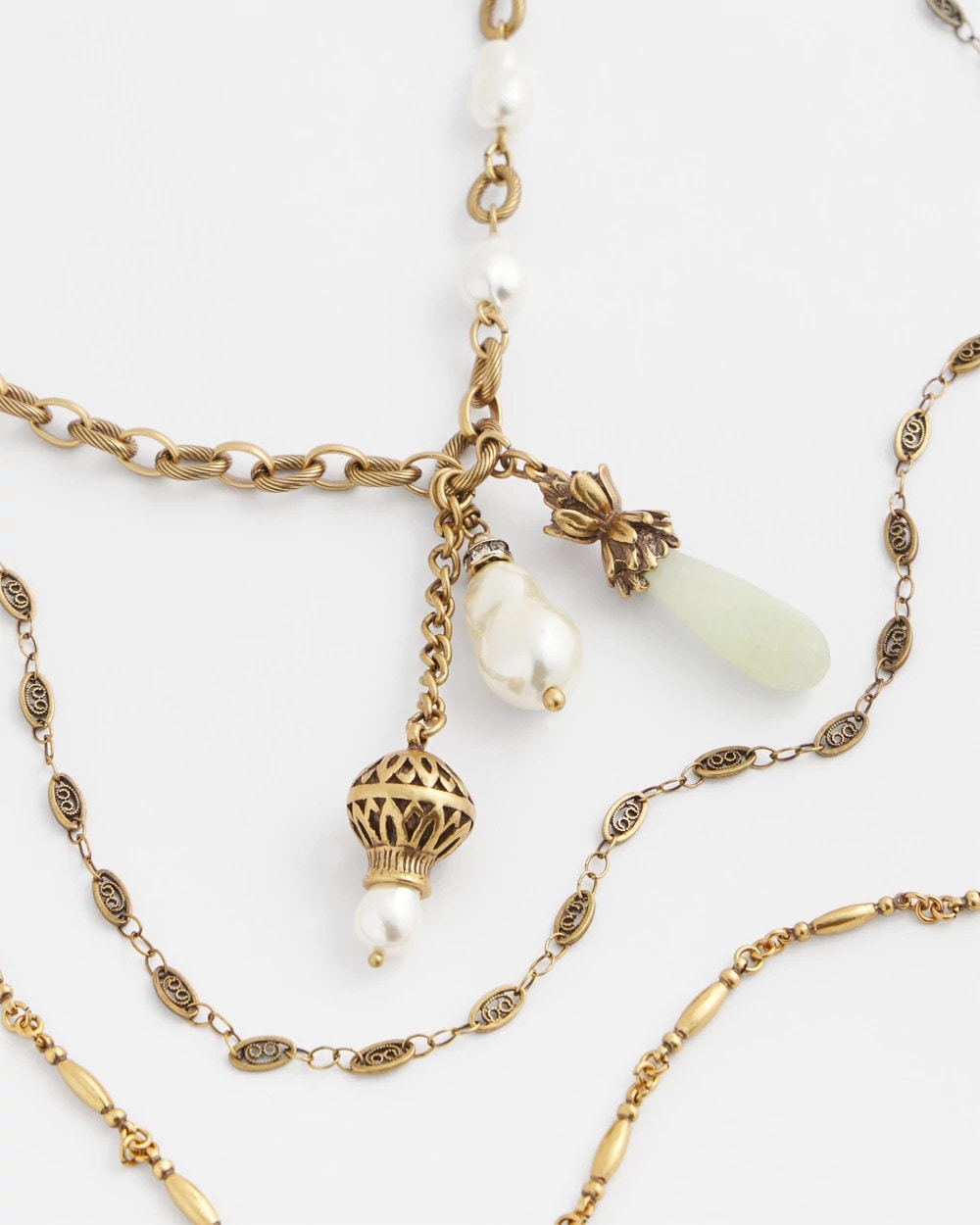 White/Gold Convertible Multi-Strand Jade & Faux Pearl Charm Necklace