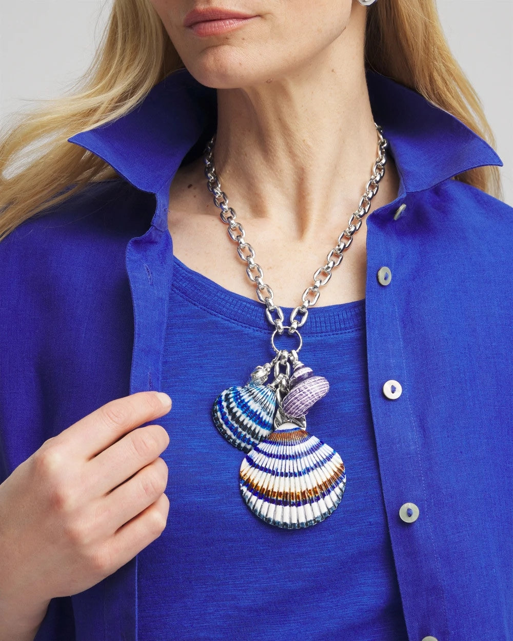 Blue And White Silver-Tone Seashell Pendant Necklace