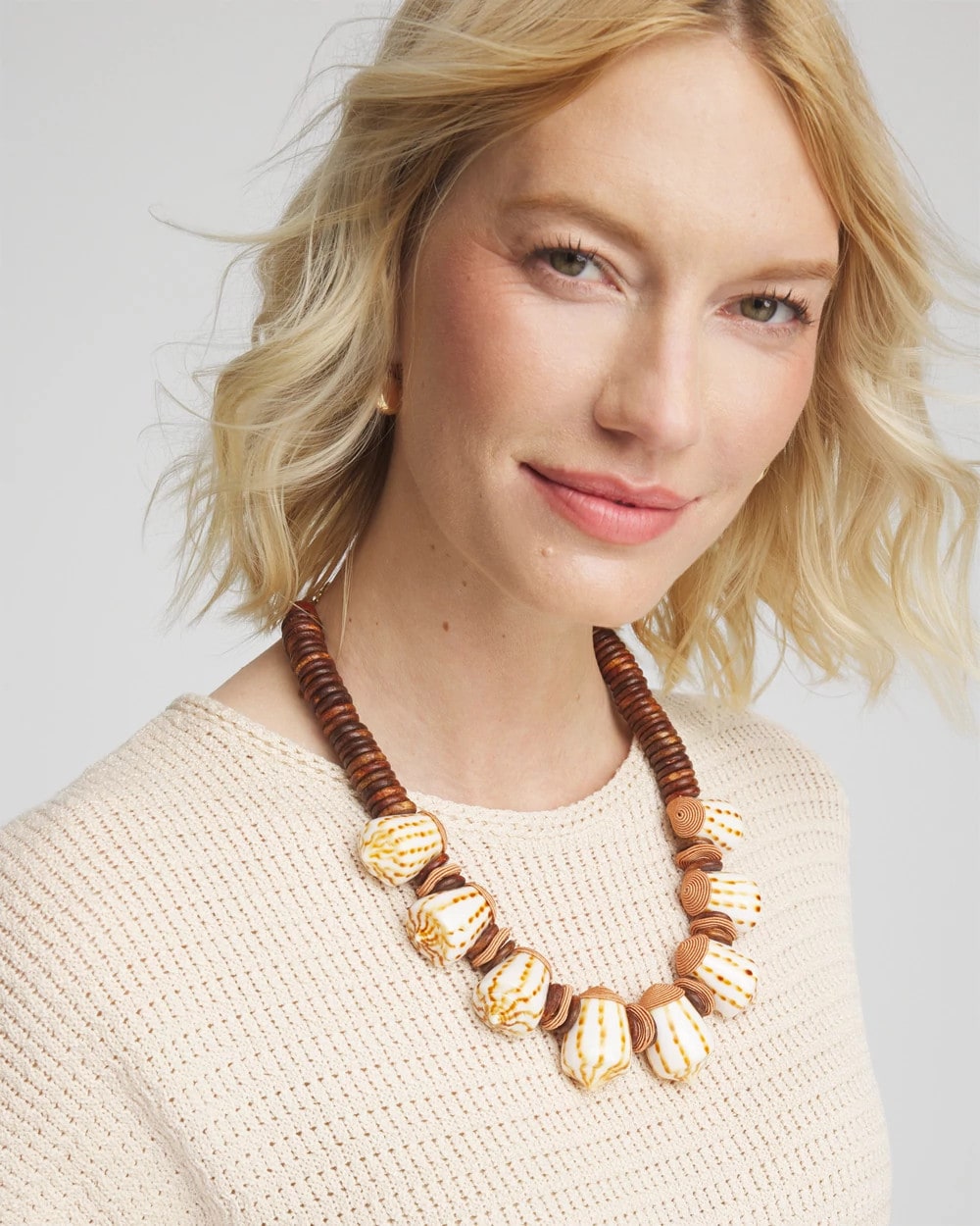 Neutral Shell & Wood Bib Necklace