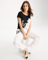 Black Linen Floral Seamed Tunic