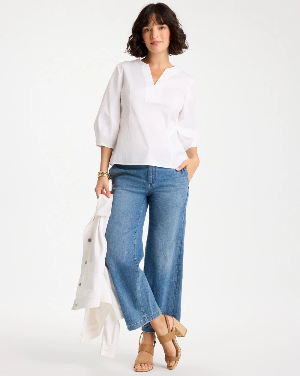 Alabaster Poplin Cotton 3/4 Sleeve Popover