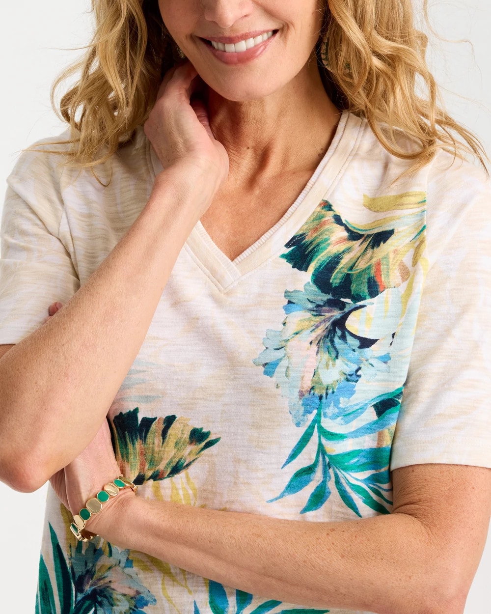Topanga Green Printed Cotton Slub V-Neck Tee