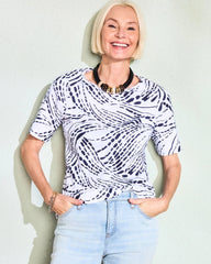 Passport Blue Abstract Pima Elbow Sleeve Tee