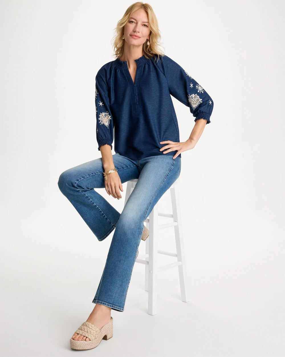 Passport Blue Embroidered Denim Henley Tee