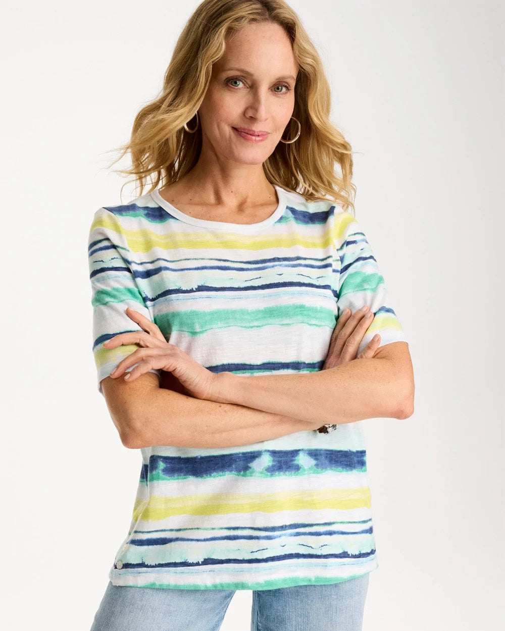 Sage Lime Striped Cotton Slub Elbow-Sleeve Tee