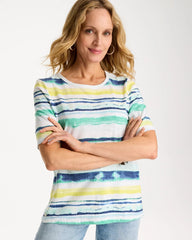 Sage Lime Striped Cotton Slub Elbow-Sleeve Tee