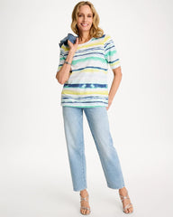 Sage Lime Striped Cotton Slub Elbow-Sleeve Tee