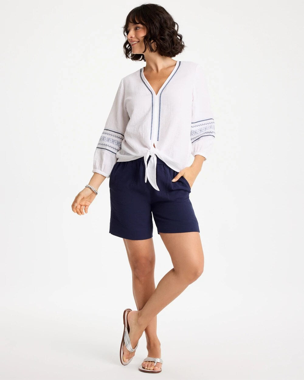 Alabaster Cotton Gauze Embroidered Tie-Front Blouse