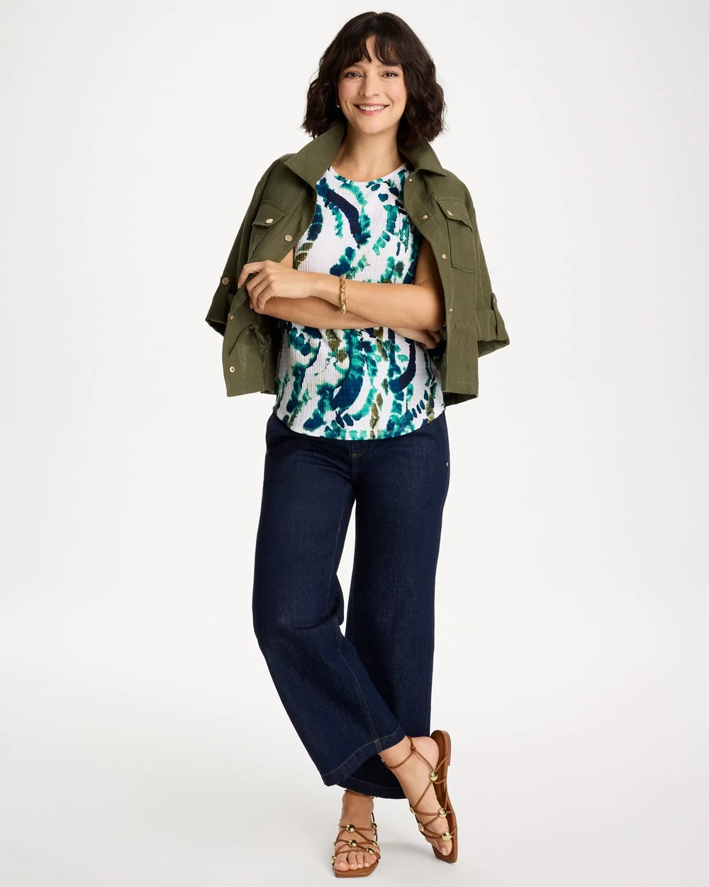 Topanga Green Printed Textured Knit Cap Sleeve Tee