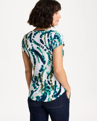 Topanga Green Printed Textured Knit Cap Sleeve Tee