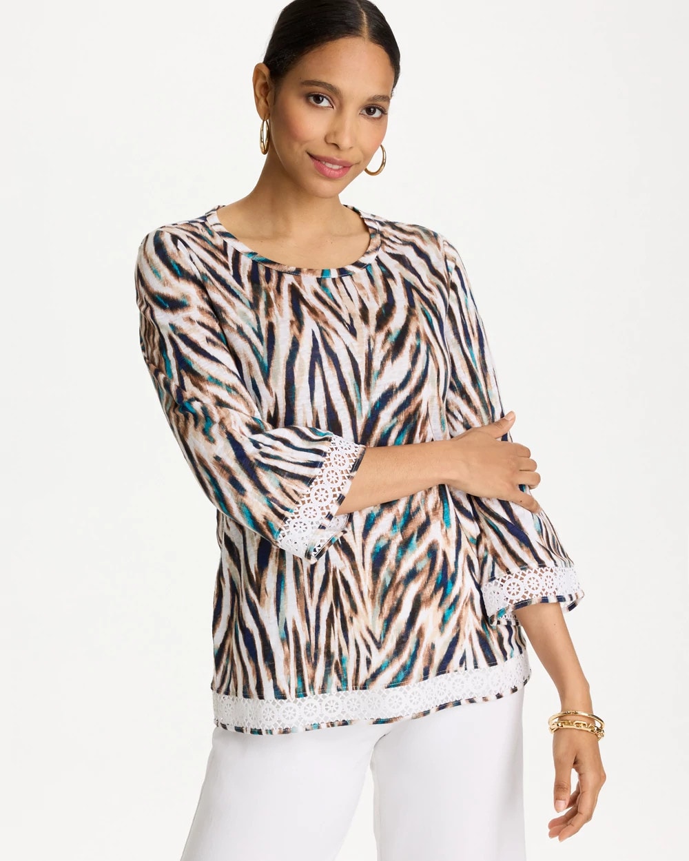 Lagoon Blue Tiger Linen Crochet Lace Tee