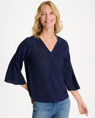 Passport Blue Linen Pleated Pintuck Tee