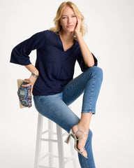 Passport Blue Linen Pleated Pintuck Tee