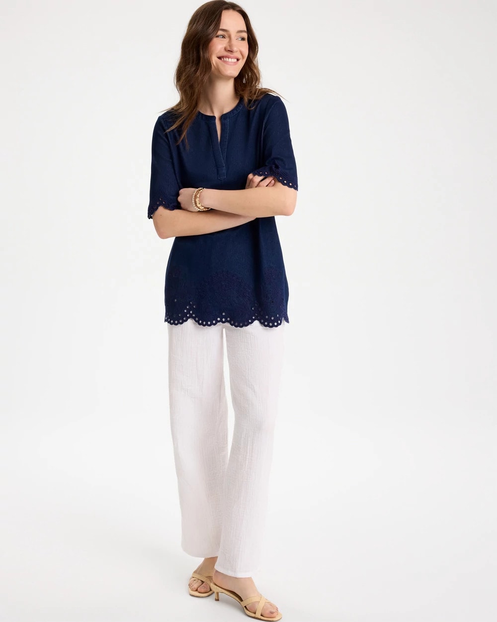 Dark Wash Embroidered Cotton-Blend Tunic