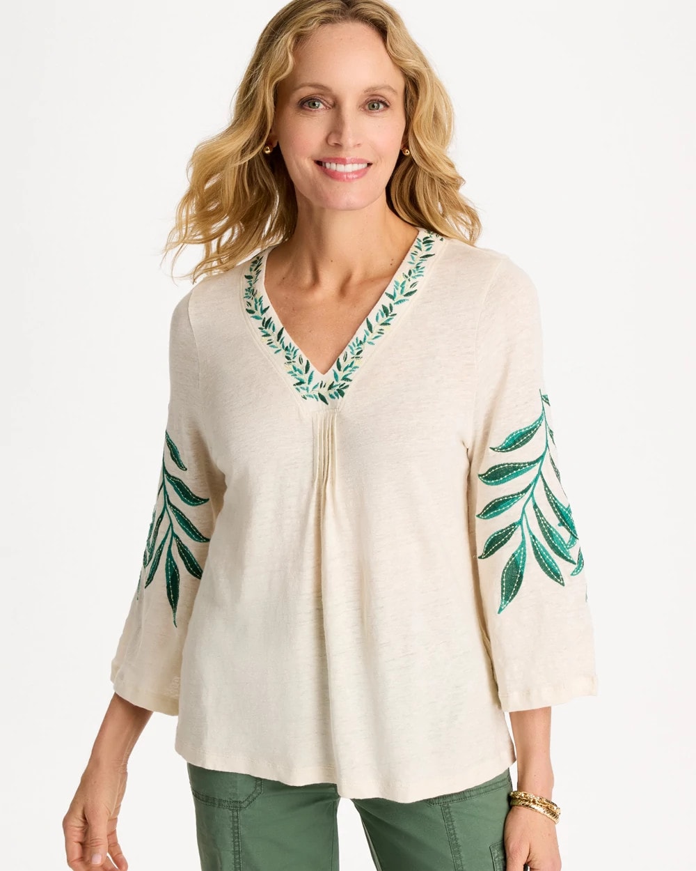 Natural Cream Linen Palm Embroidered Pleated Tee