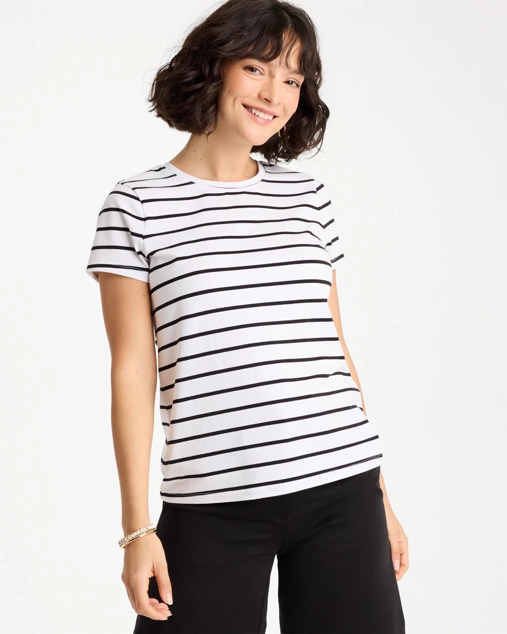 Black Striped Cotton Stretch Cap-Sleeve Tee