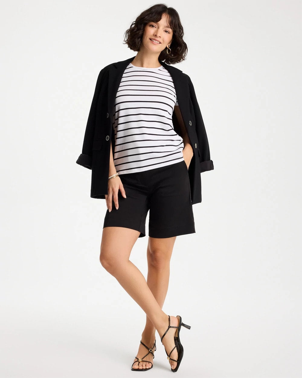 Black Striped Cotton Stretch Cap-Sleeve Tee