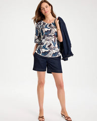 Passport Blue Printed Linen Fringed Tee
