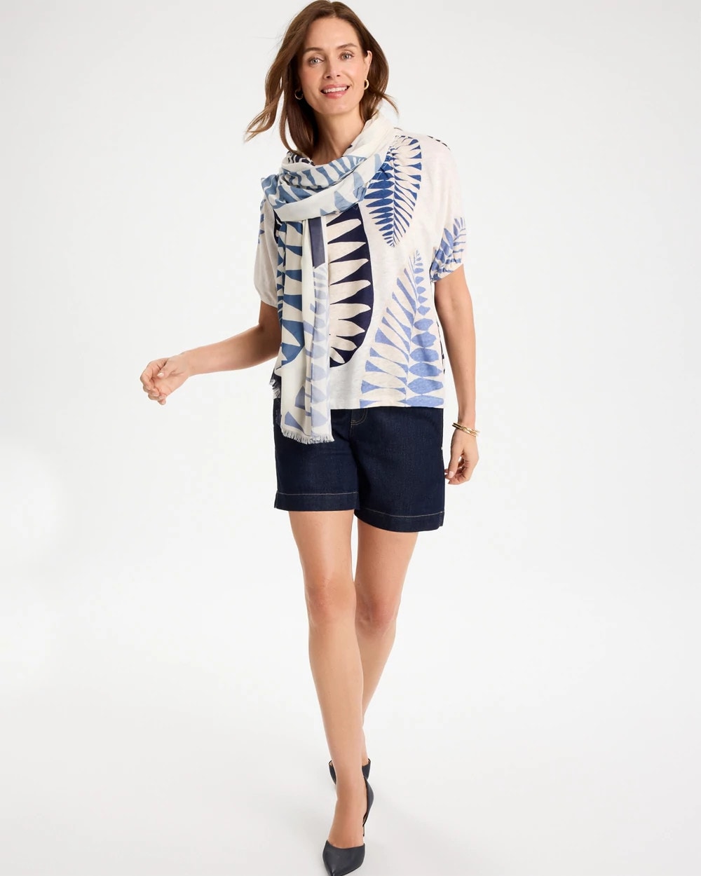 Passport Blue Leaf Print Linen Ruched V-Neck Tee