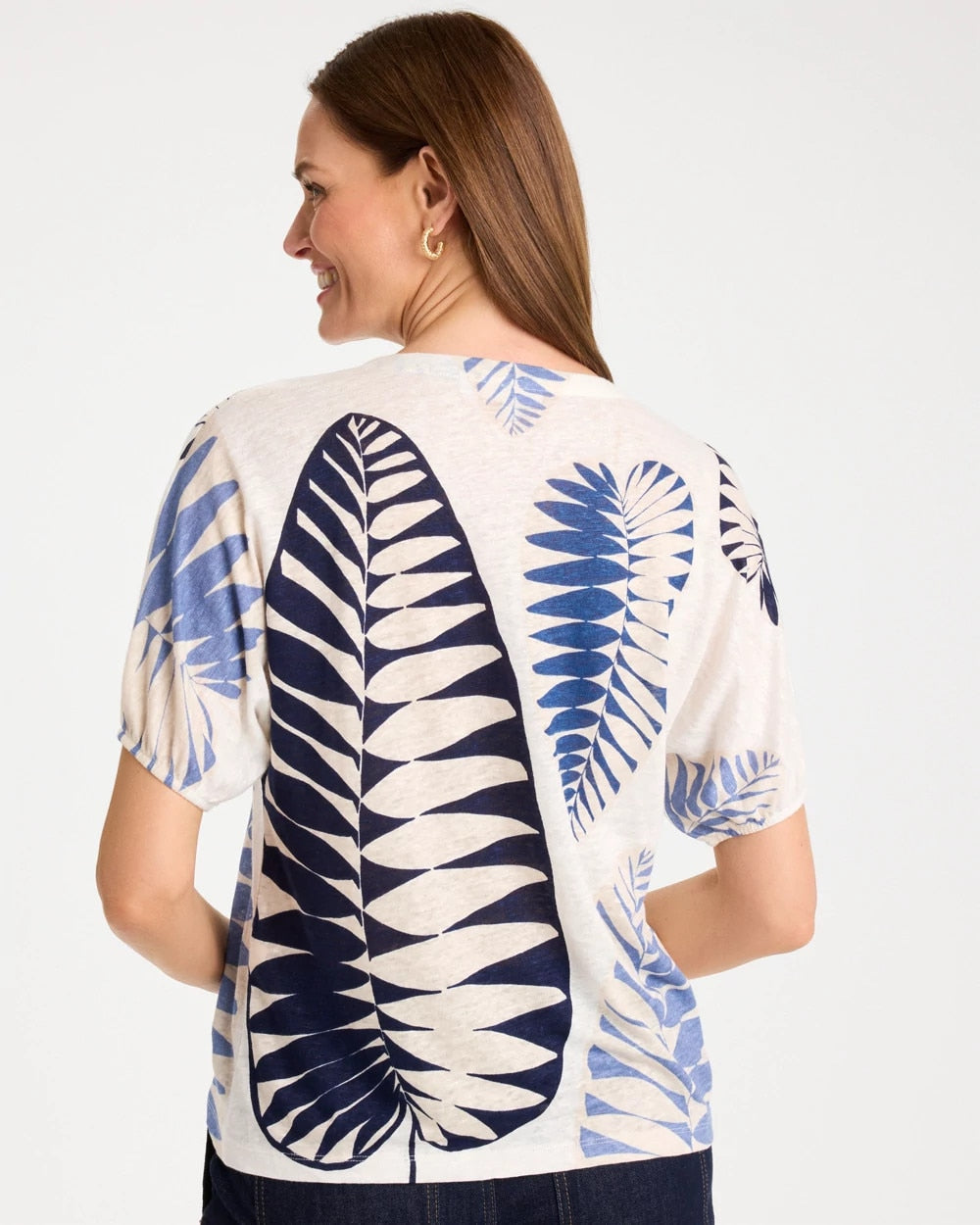 Passport Blue Leaf Print Linen Ruched V-Neck Tee
