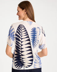Passport Blue Leaf Print Linen Ruched V-Neck Tee