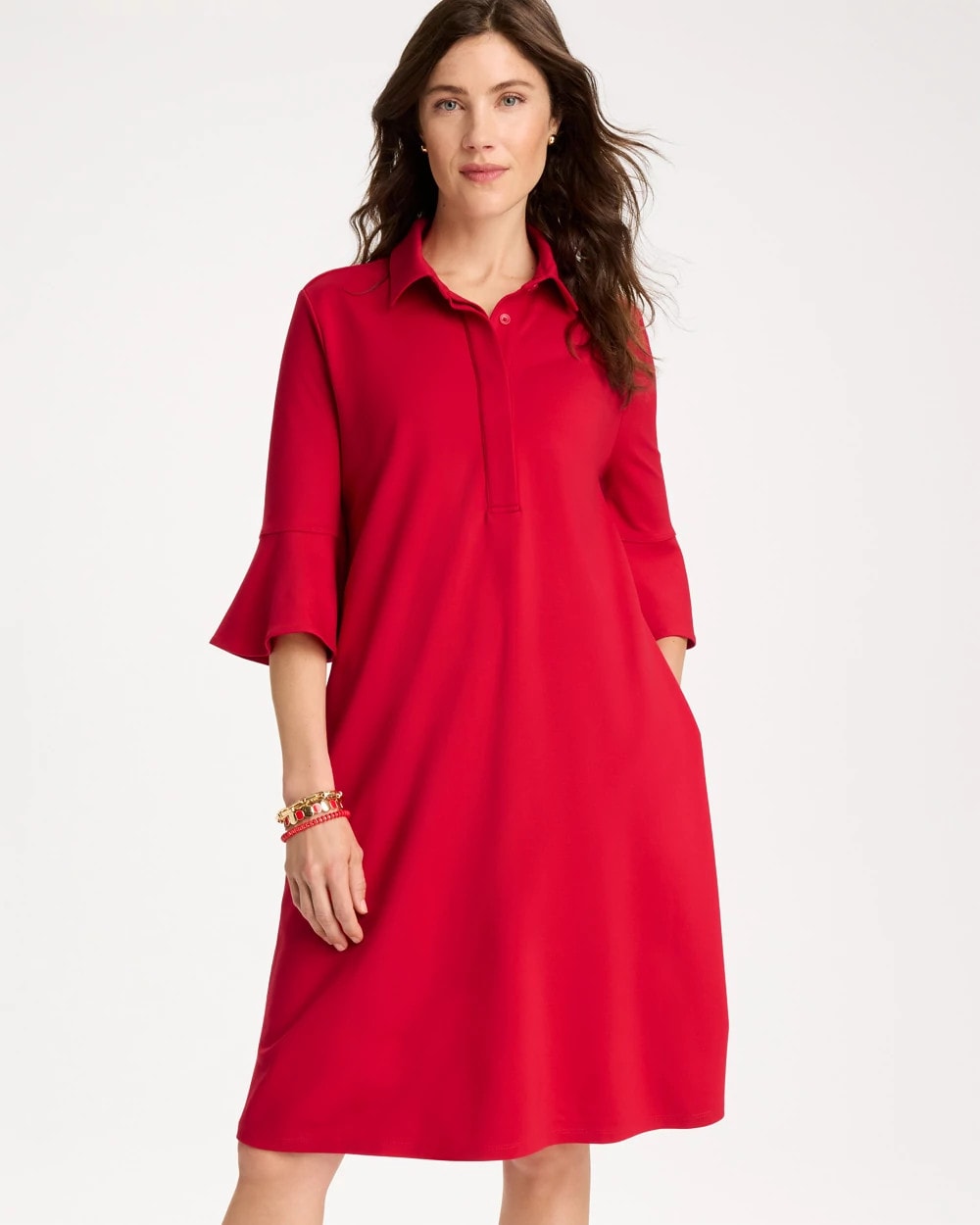 Cherry Lush Ponte Knit Flounce Sleeve Dress