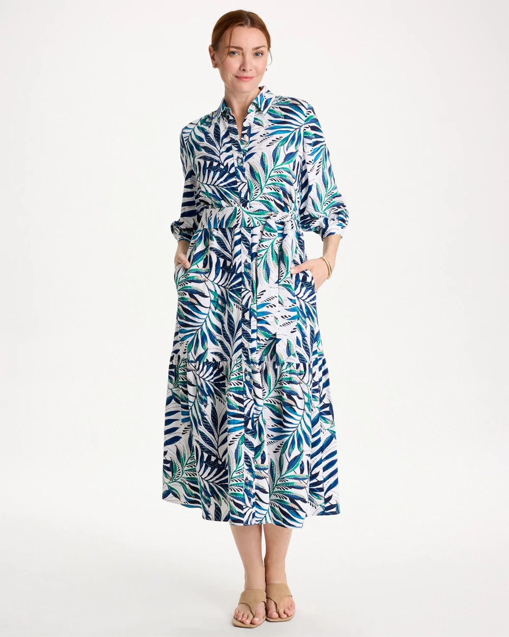 Passport Blue Palm Cotton-Rayon Slub Shirtdress