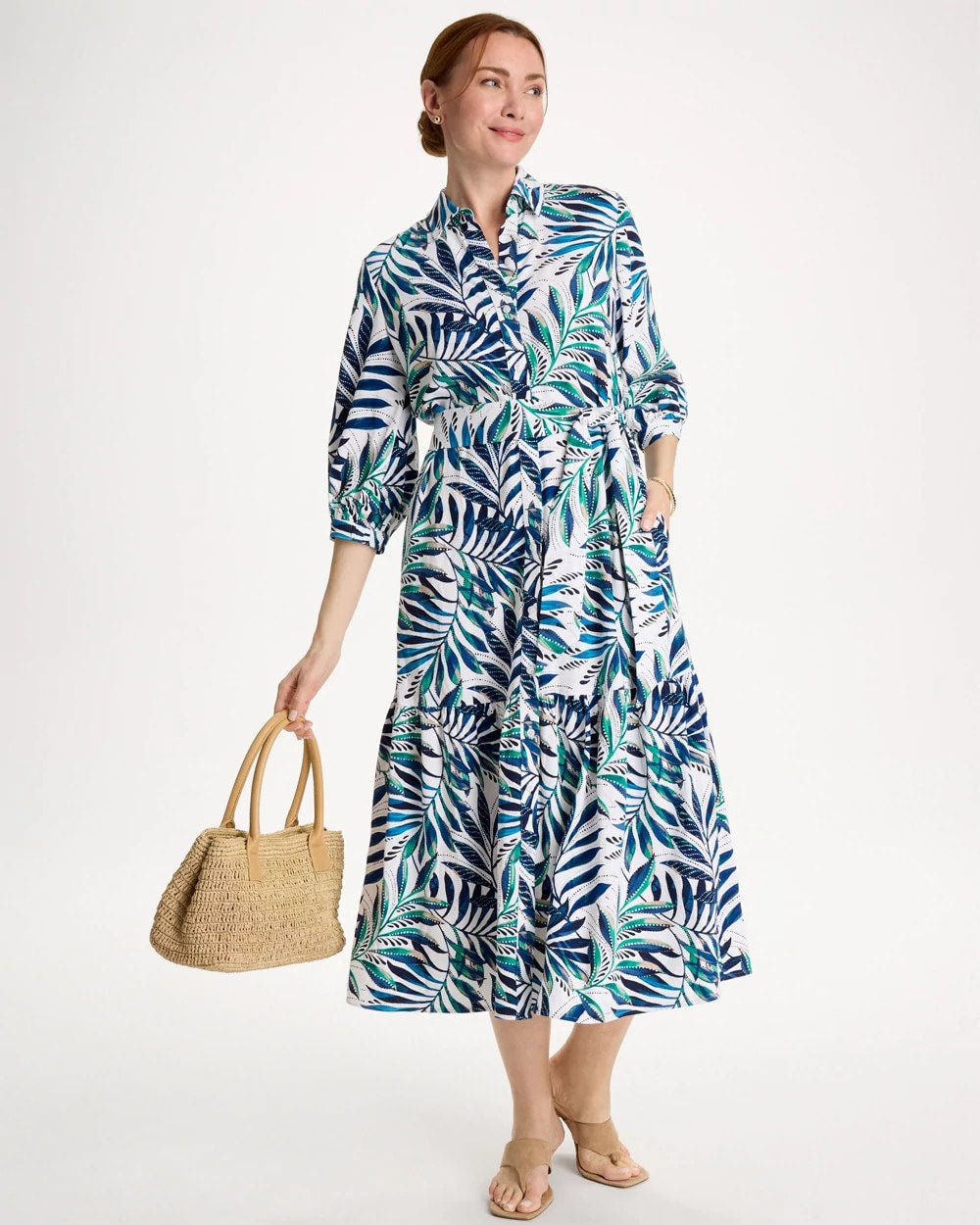 Passport Blue Palm Cotton-Rayon Slub Shirtdress