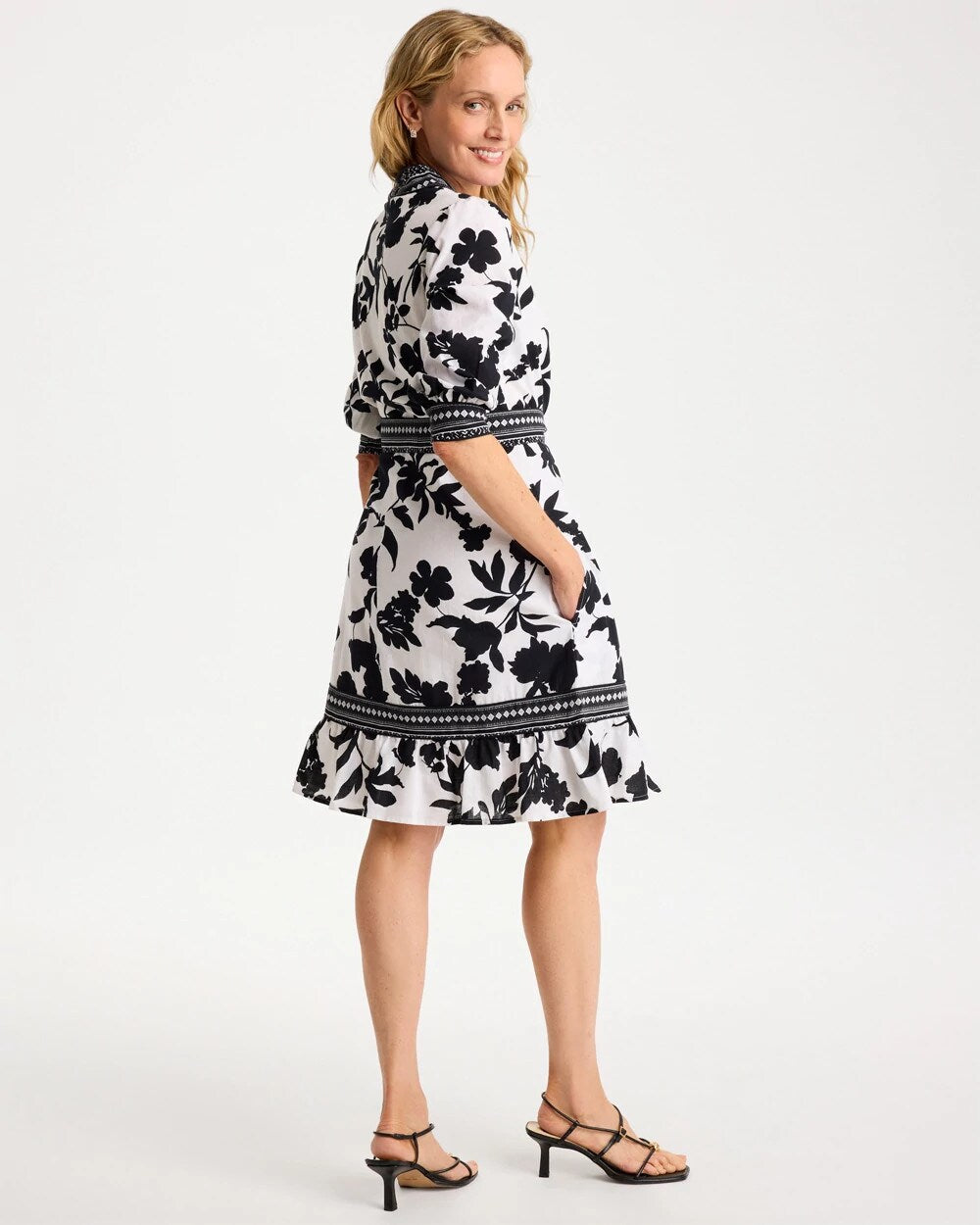 Black Floral Cotton-Linen Belted Dress