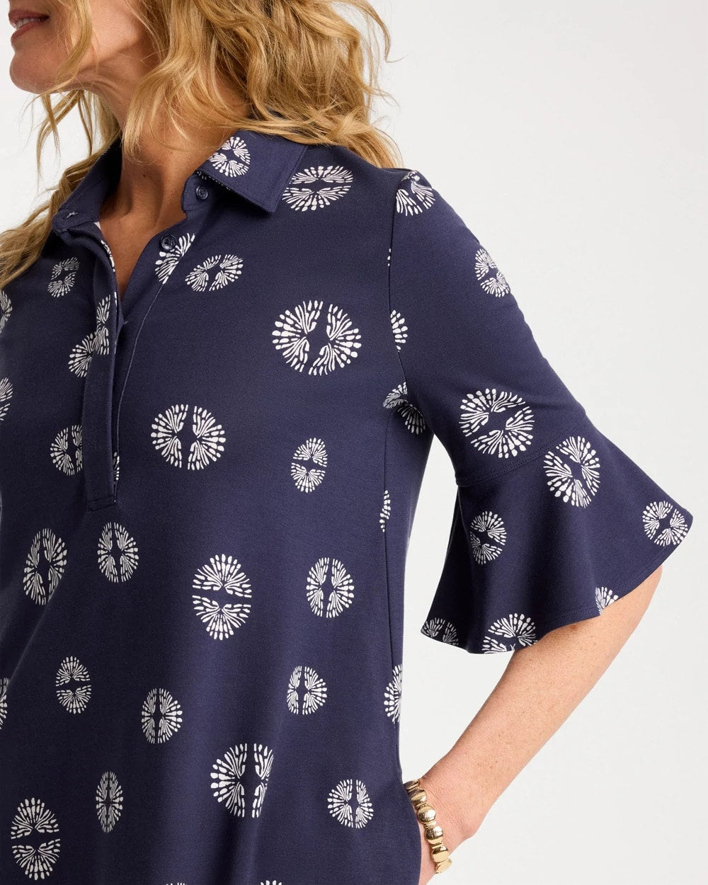 Passport Blue Printed Ponte Flounce Sleeve Dress