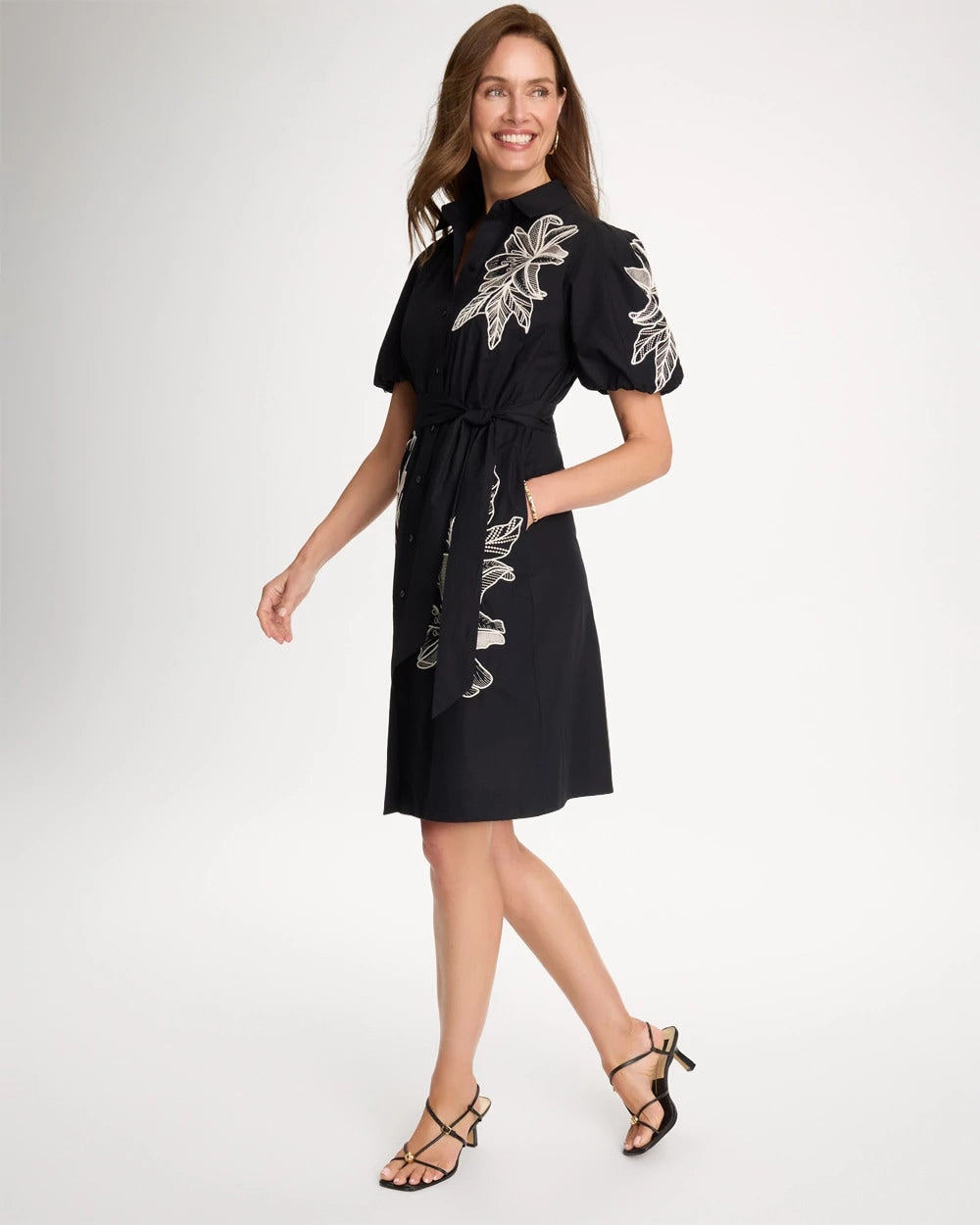 Black Embroidered Poplin Cotton Belted Dress