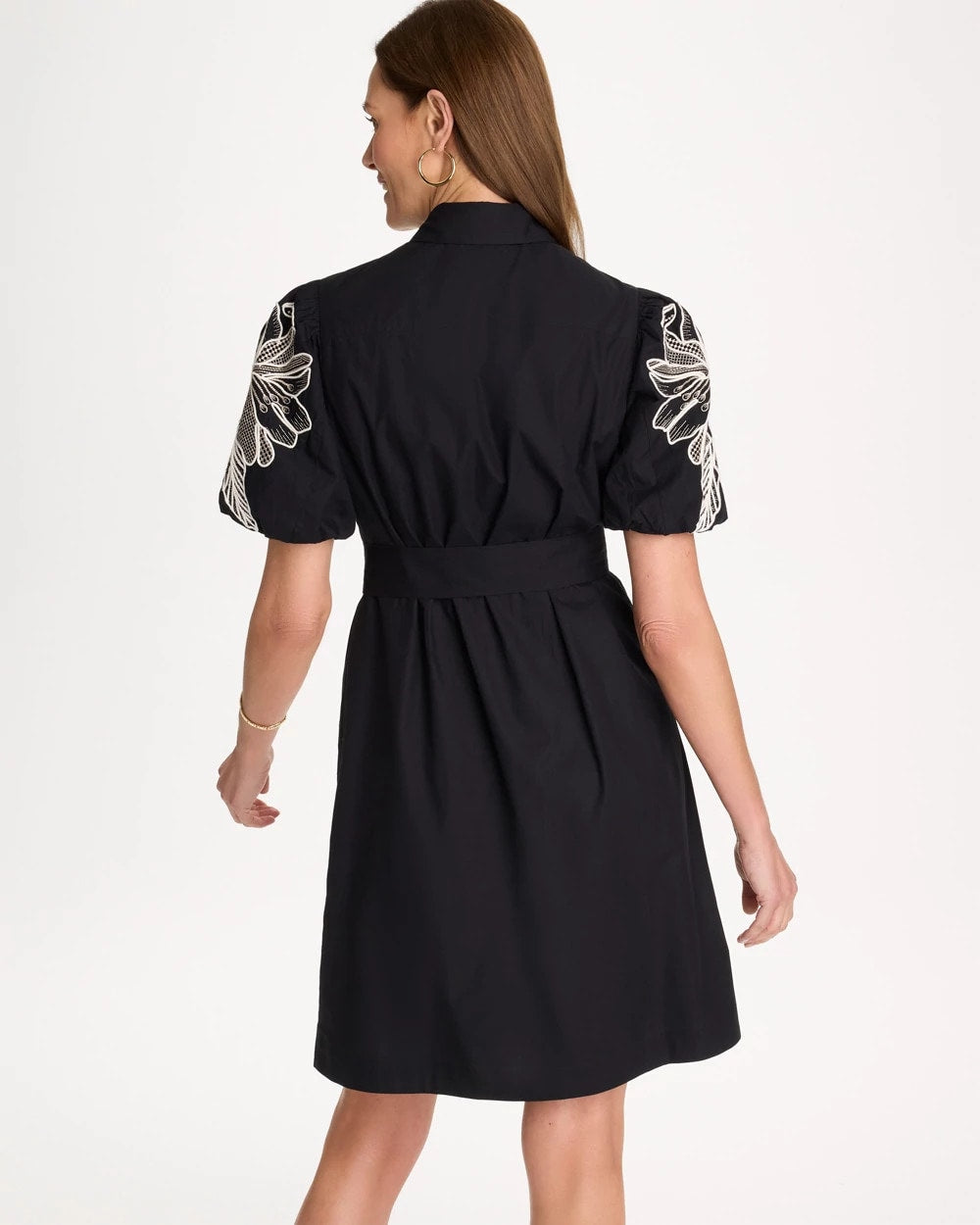 Black Embroidered Poplin Cotton Belted Dress