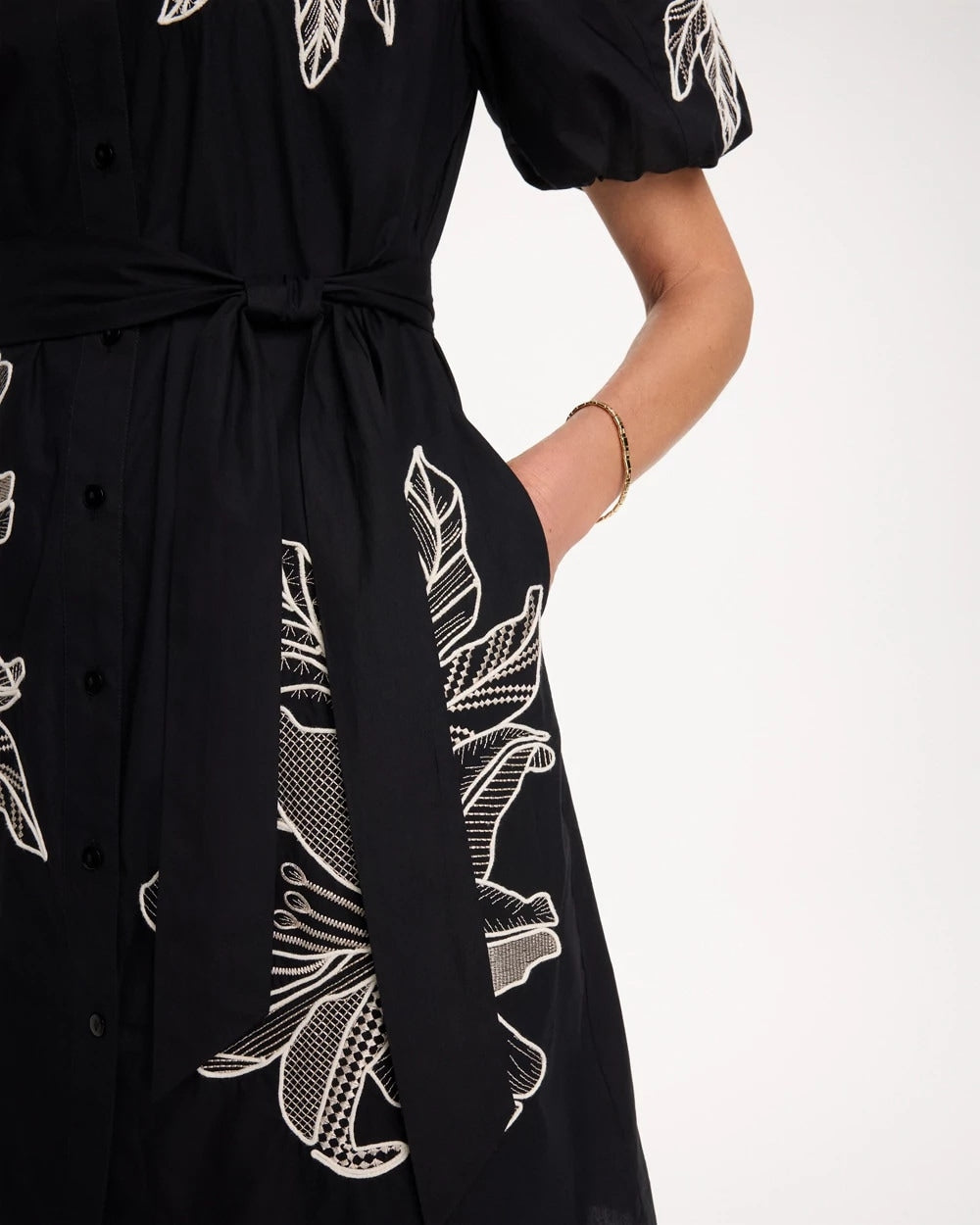 Black Embroidered Poplin Cotton Belted Dress