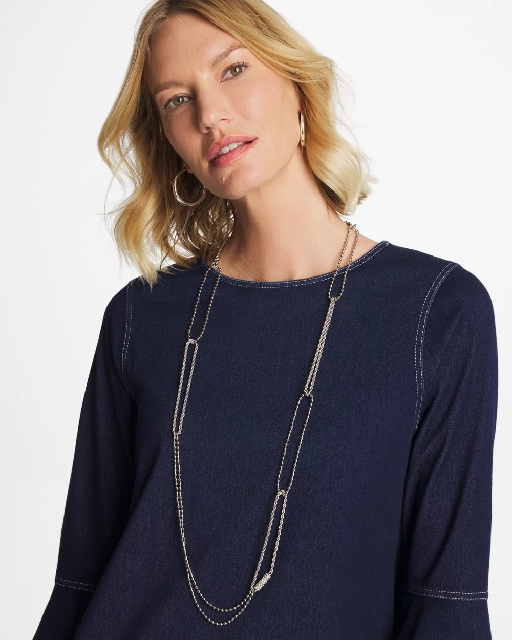 Silver Long Silver Ball Chain Single Strand