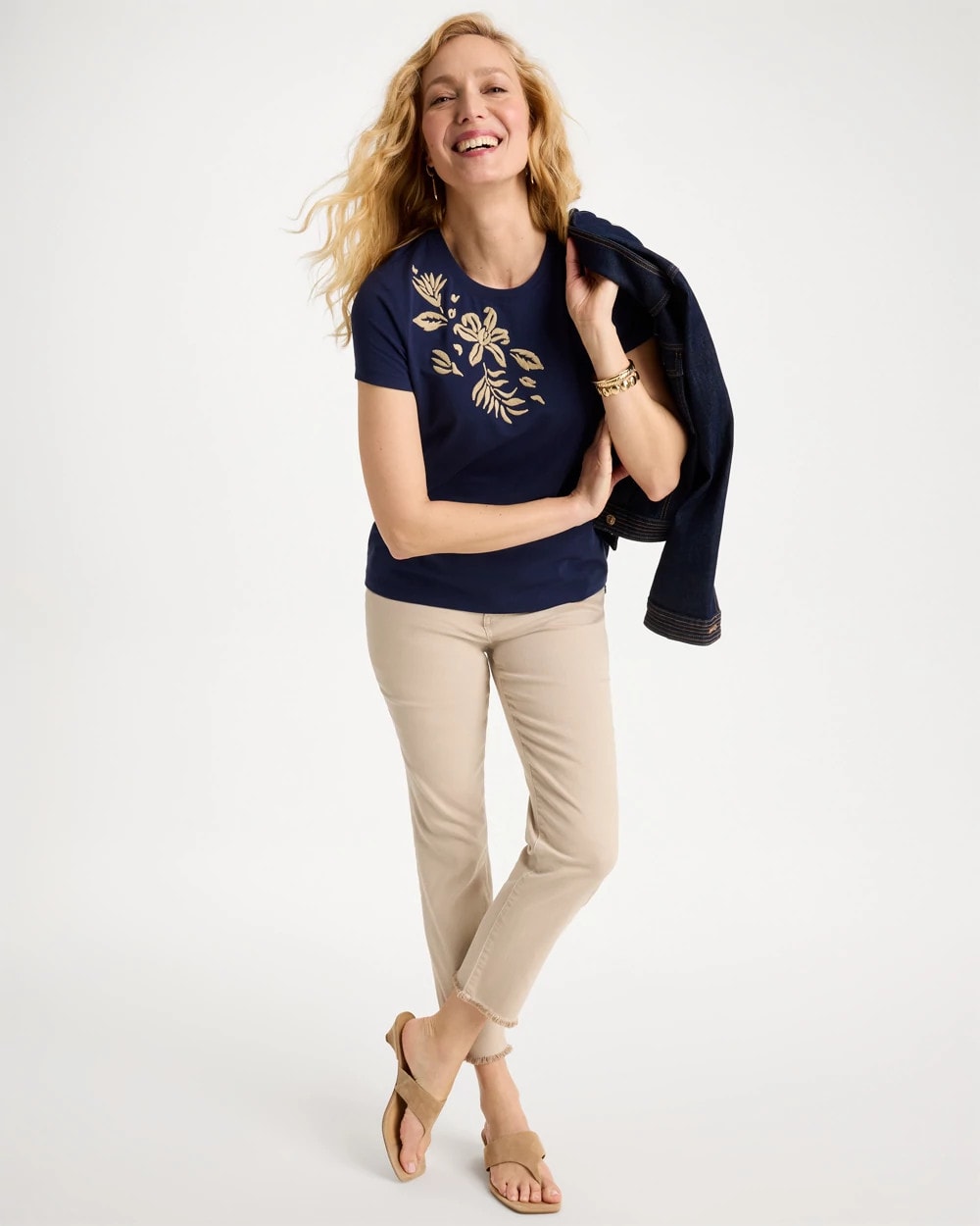 Passport Blue Cotton Stretch Cap Sleeve Embroidered Tee