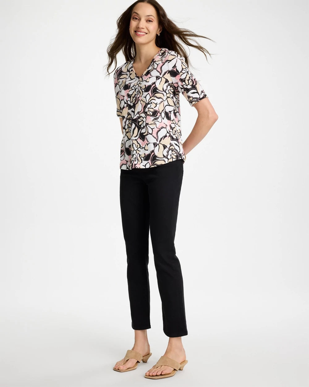 Black Printed Cotton Slub V-Neck Tee
