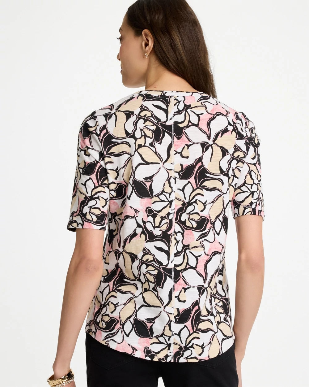 Black Printed Cotton Slub V-Neck Tee