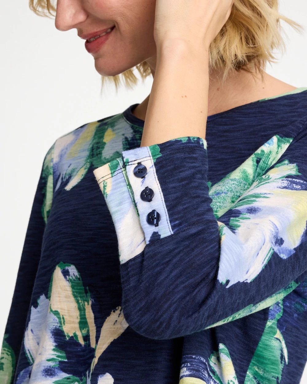 Passport Blue Printed Slub Button Detail Tee