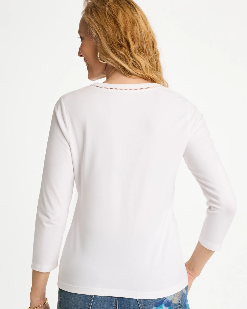 Alabaster Trim Detail Cotton Stretch 3/4 Sleeve Tee