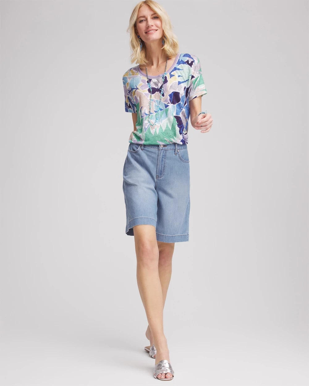 Blue Casa Tropical Nights Sweater-Trim Linen Tee