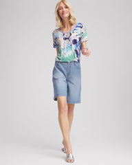 Blue Casa Tropical Nights Sweater-Trim Linen Tee